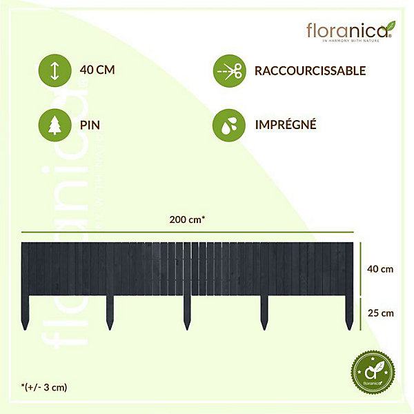 Floranica Bordure de jardin en bois flexible 40 x 200 cm Anthracite avec piquets, idéale pour délimiter pelouse et massifs de fleu