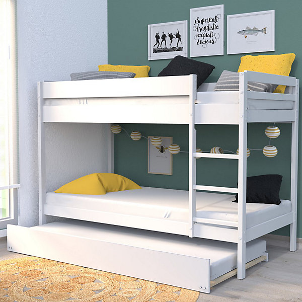 Lit superposé et 1 lit tiroir 90x190 WILL Blanc incl. Sommier