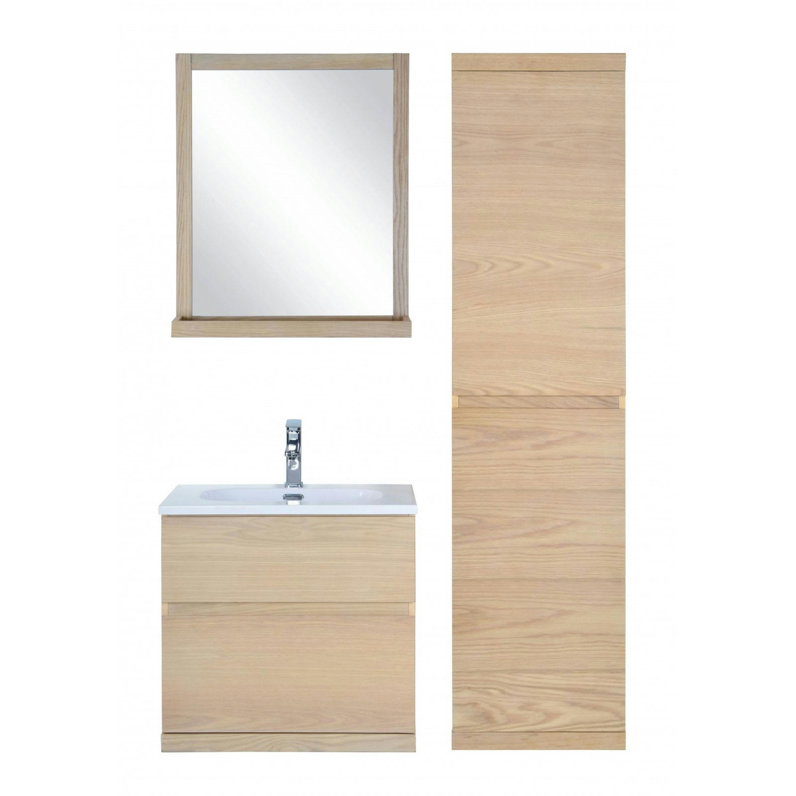 ENIO - Meuble sous vasque chêne avec plan résine  60cm +miroir+colonne fermée