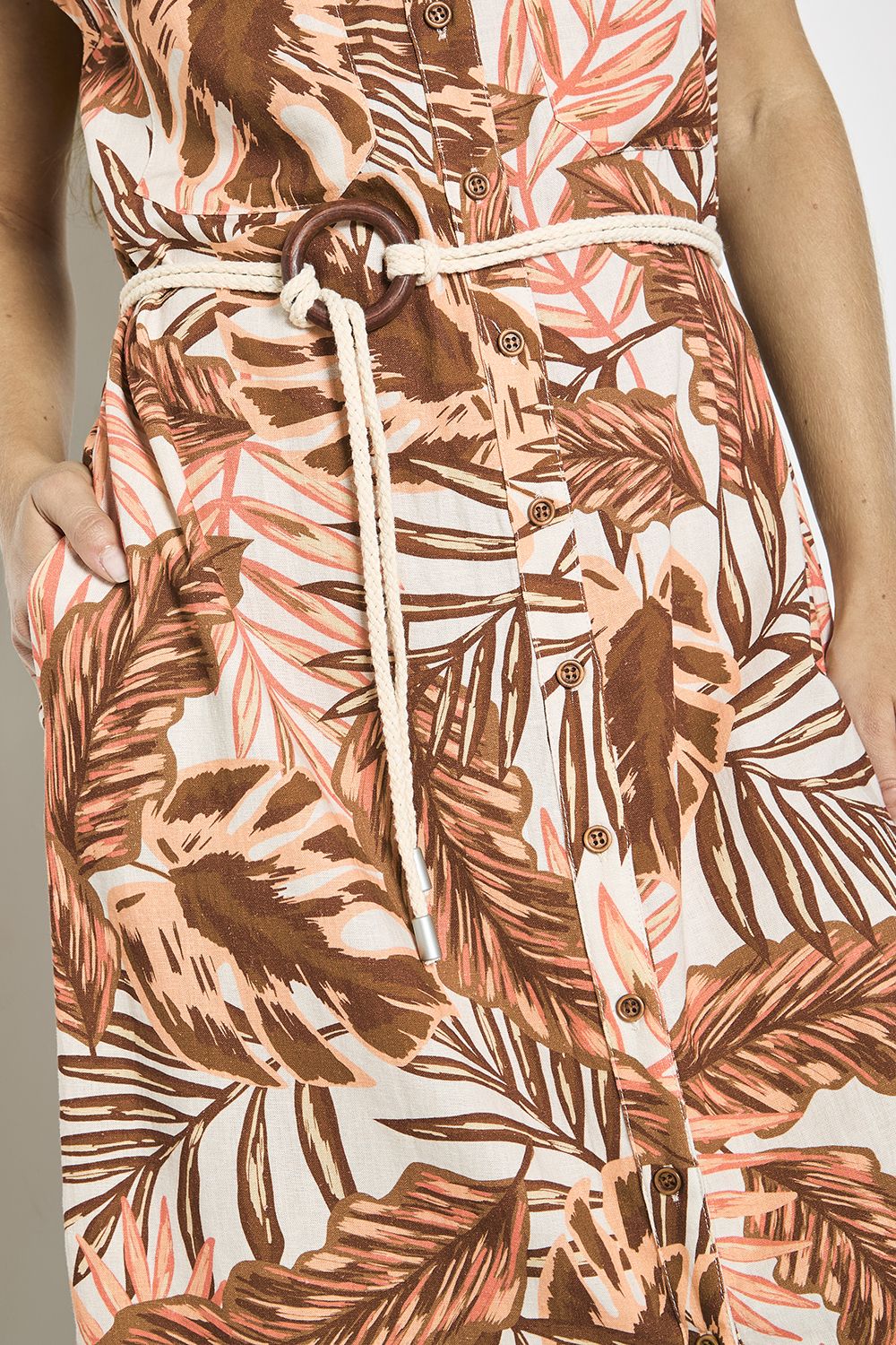 Apricot Tropical Leaf Linen Blend Shirt Midi Dress