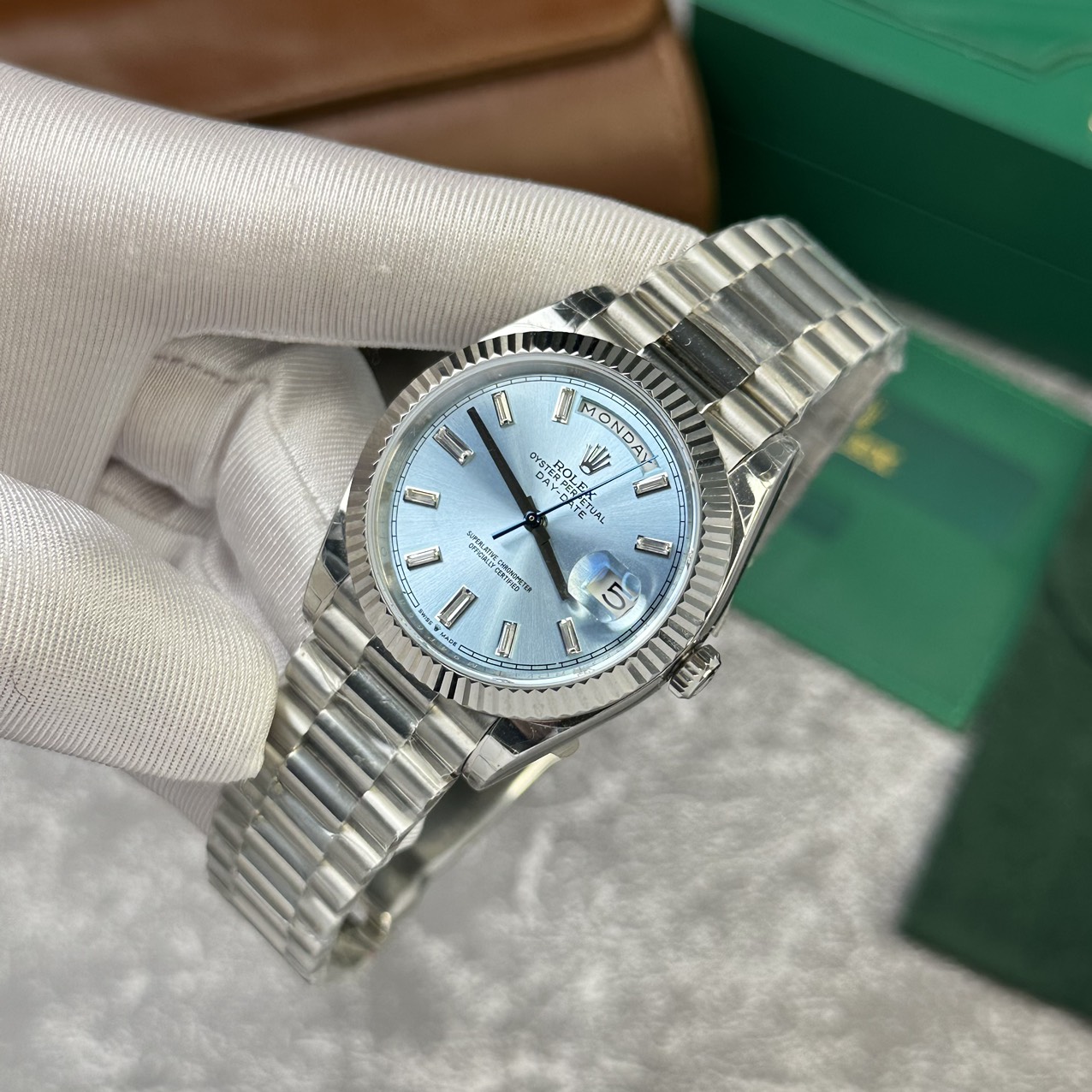 Rolex Day-Date 228236 904L Steel Ice Blue Dial CZ Diamonds 40mm Super Clone