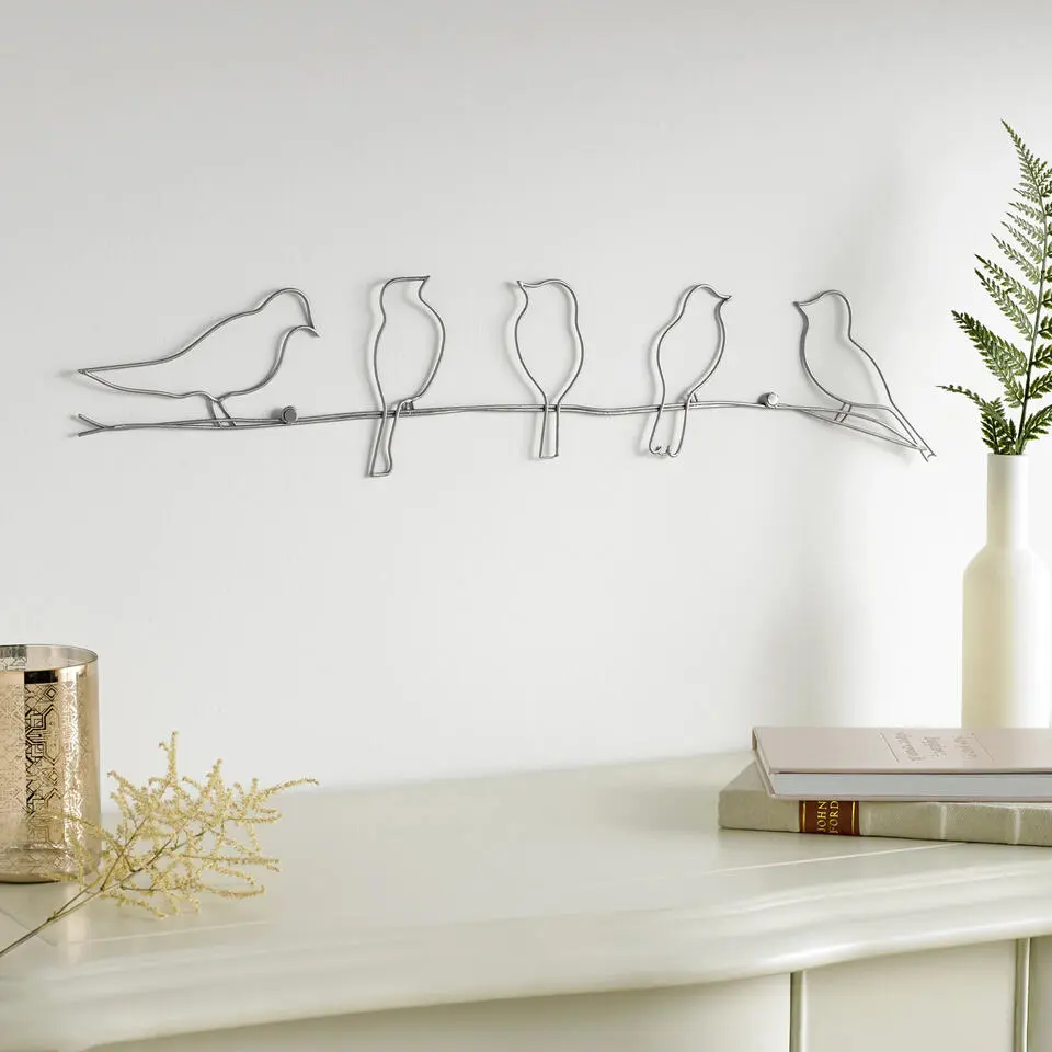 Art for the Home Metal Art Vogels op draad zilver 60x12,5cm