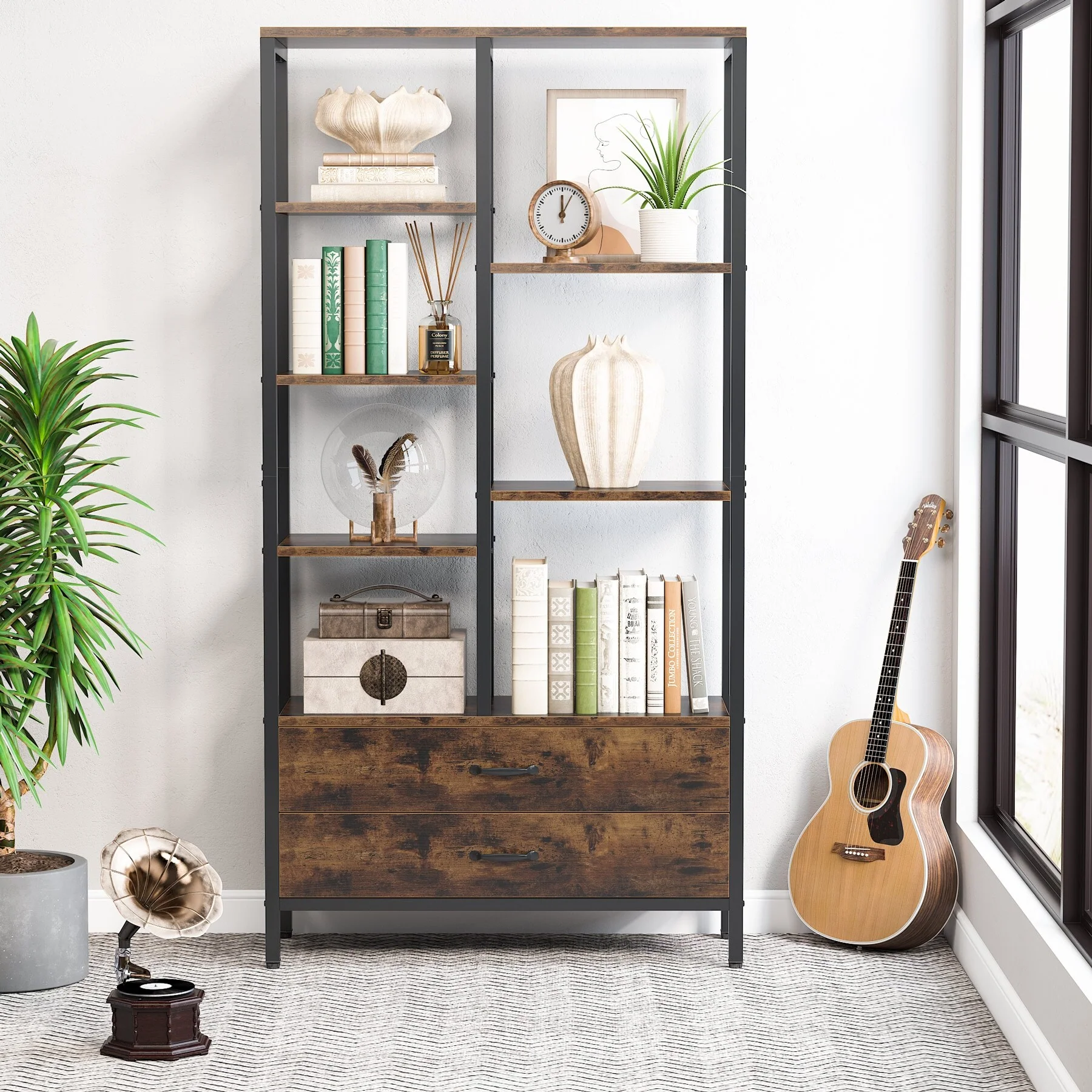 Tall Bookcase Bookshelf with Drawers, Industrial Open Bookshelves with Storage Shelves