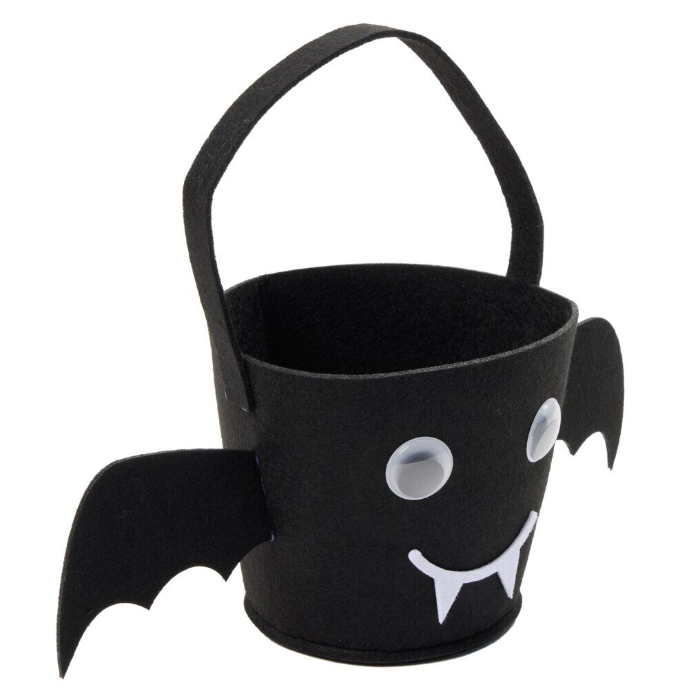 Seau à bonbons Halloween chauve-souris avec yeux mobiles feutrine noir 16x14xH13 cm