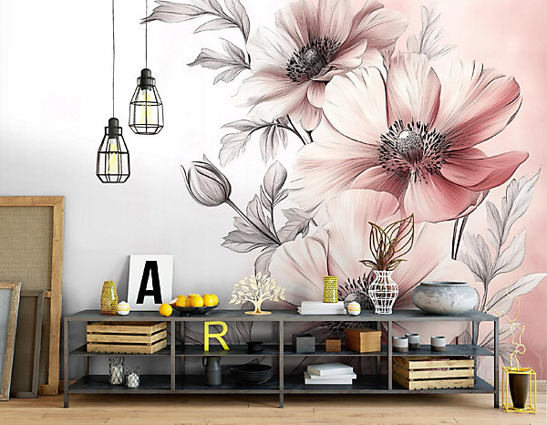 Papier Peint Panoramique Intissé Fleurs Floral 350x250 cm - Colle Inclus - Moderne Papier Peint Intissé Chambre Salon