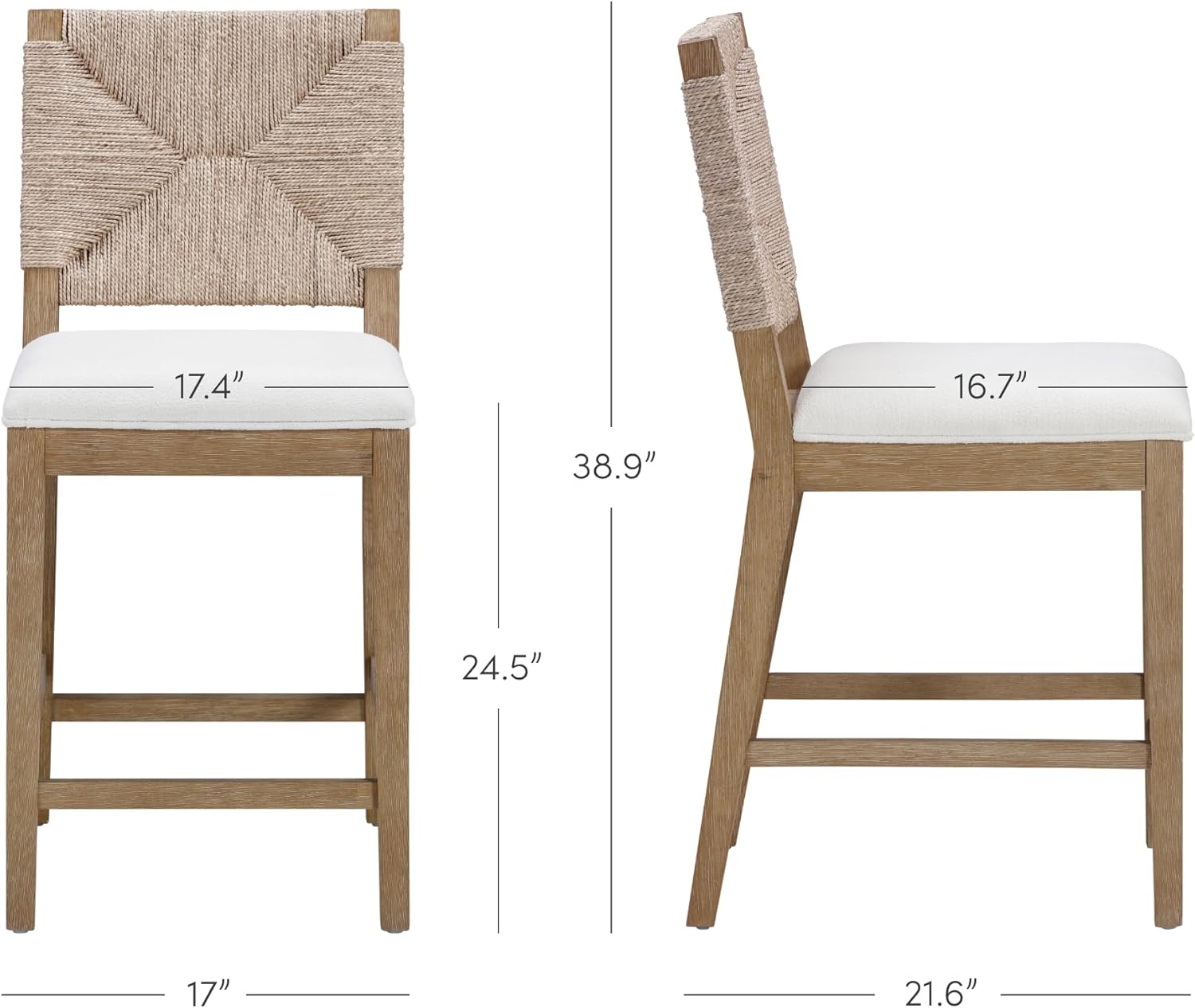 Nathan James Beacon Bohemian Boucle Bar Stool, Upholstered Counter Height Chair with Solid Wood Frame and Woven Seagrass Back for Kitchen Island, Light Brown/Seagrass/Cream Boucle, Set of 2
