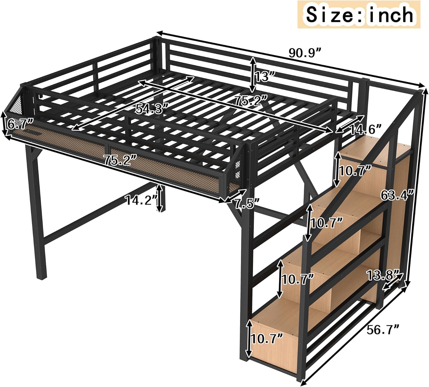 Bellemave Full Loft Beds with Storage Beside Shelves and Wardrobe, Metal Loft Bed with LED Lights and USB Ports, Heavy-Duty Loft Bed Frame for Teens, Adults, Noise-Free & Space-Saving, Black+Natural