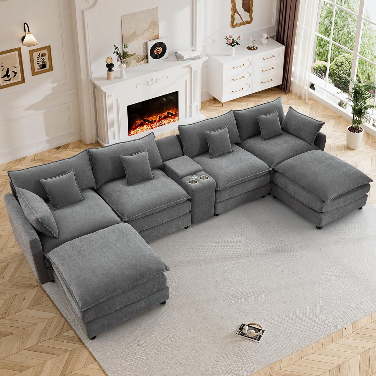 145 Cloud Couch Oversized U Shaped Grey Sectional Couches for Living Room, Big Soft Comfy Fluffy Chenille Couch Sectionals, Modular Sectional Sofa with Ottoman & Central Console