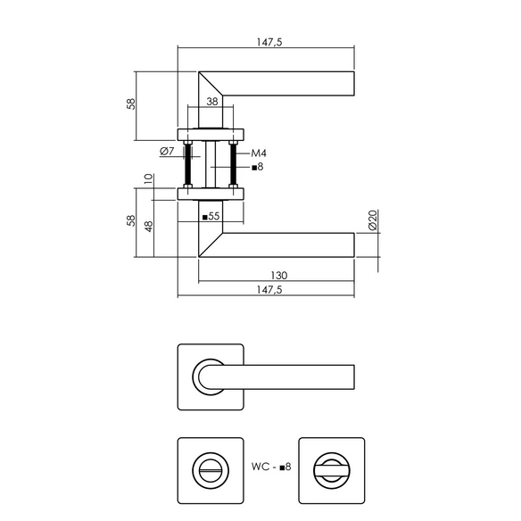 Türdrücker »Bastian«, 55x55x10 mm WC 8 mm stift