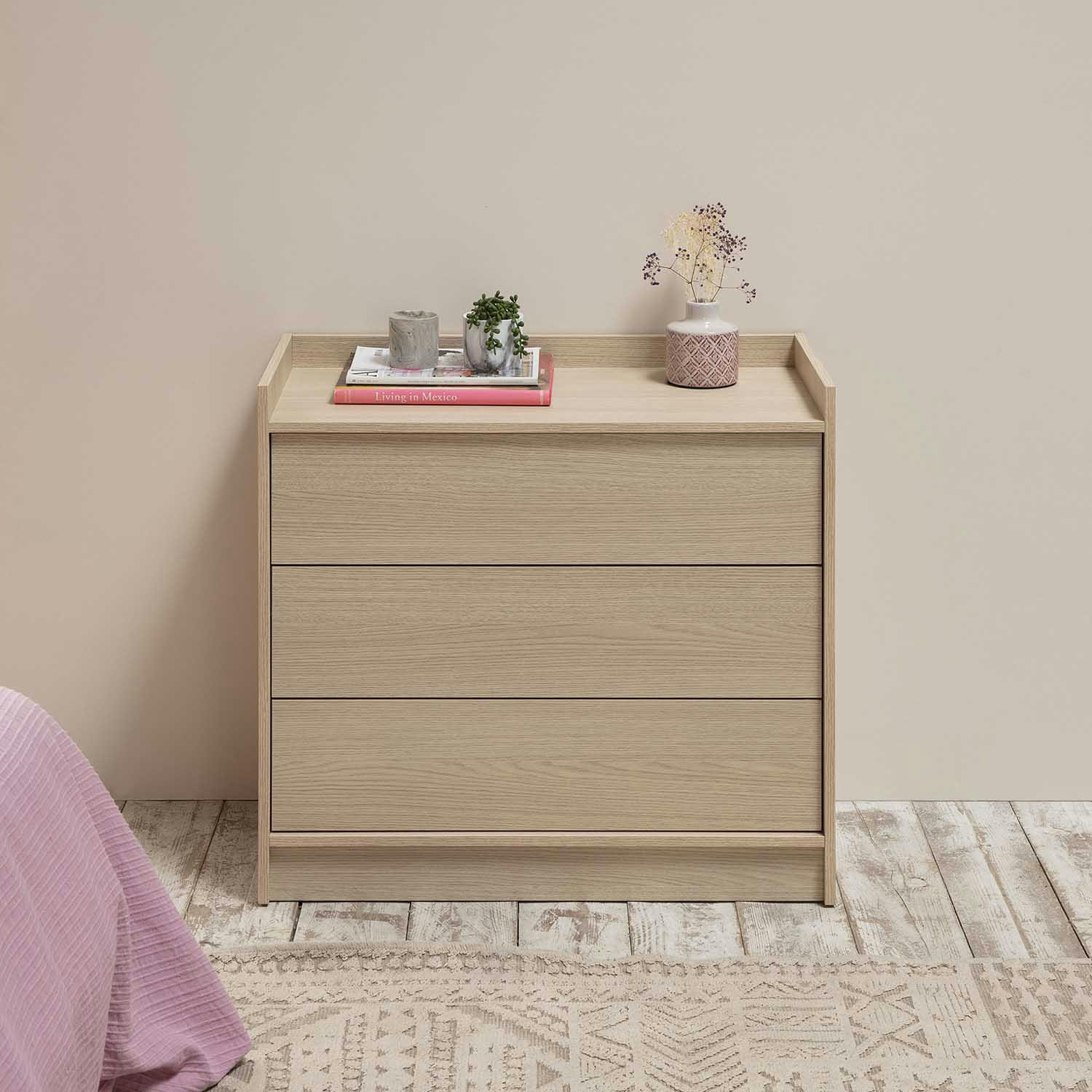 MOSCU - Commode avec 3 tiroirs, couleur chêne, 80 cm longueur