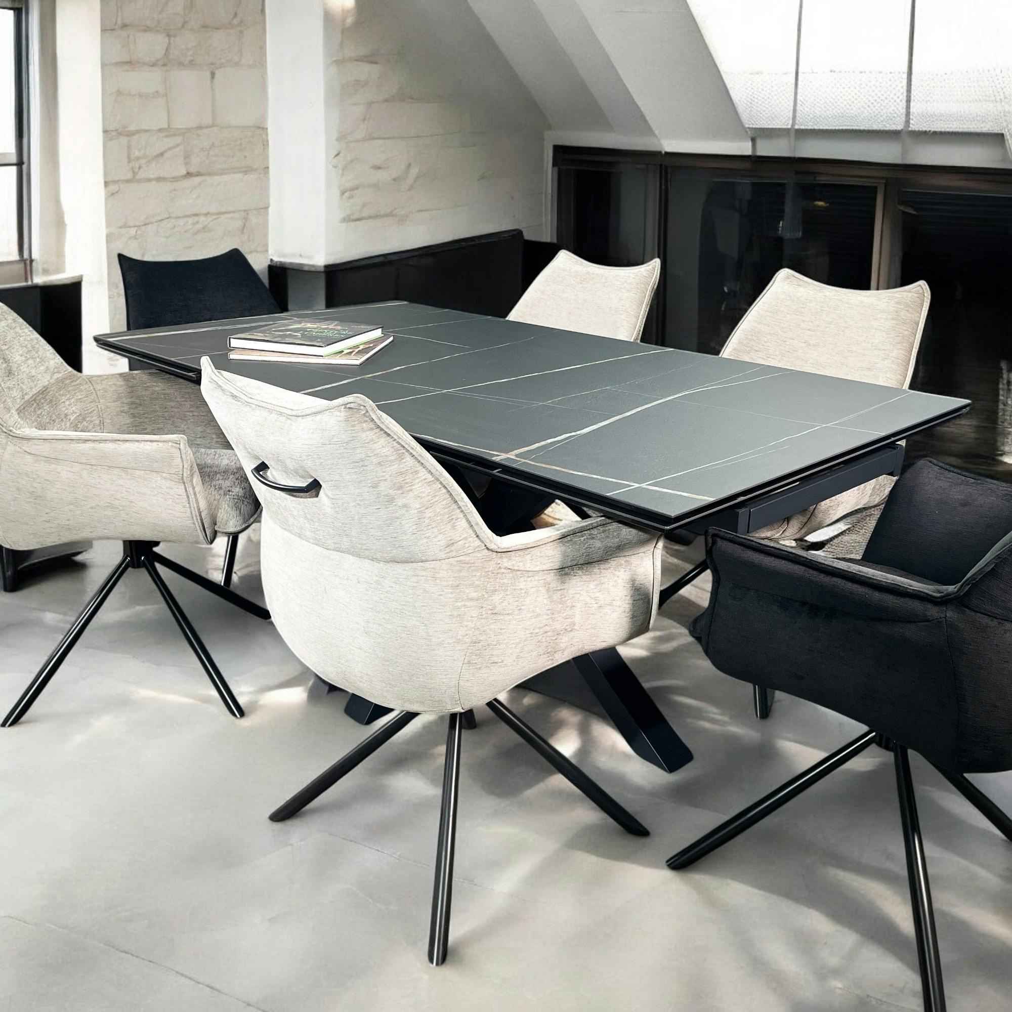 Table en céramique extensible pied étoile effet marbre noir 180-280 cm LOMBARDIE