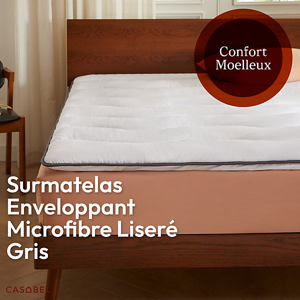 CASABEL Surmatelas 120x195 cm en Microfibre Rerspirante, Ultra Moelleux, Anti-Acariens, Liseré Gris, Idéal Matelas 2 places