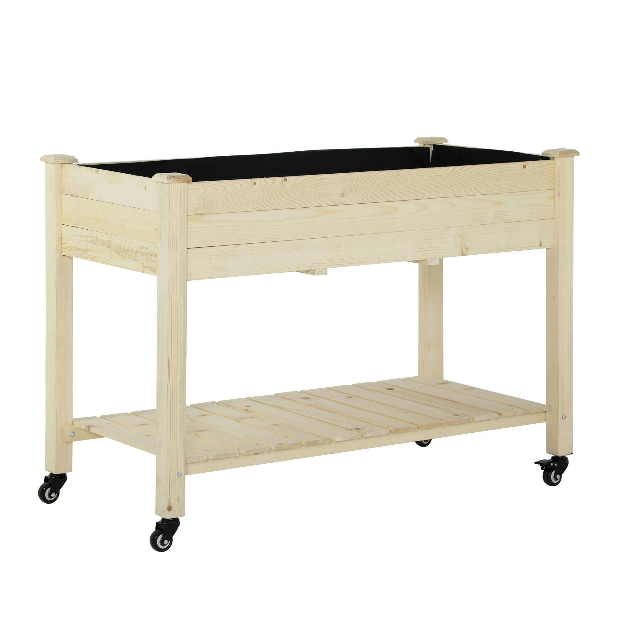 - Jardinière sur pieds roulettes avec étagère bois sapin