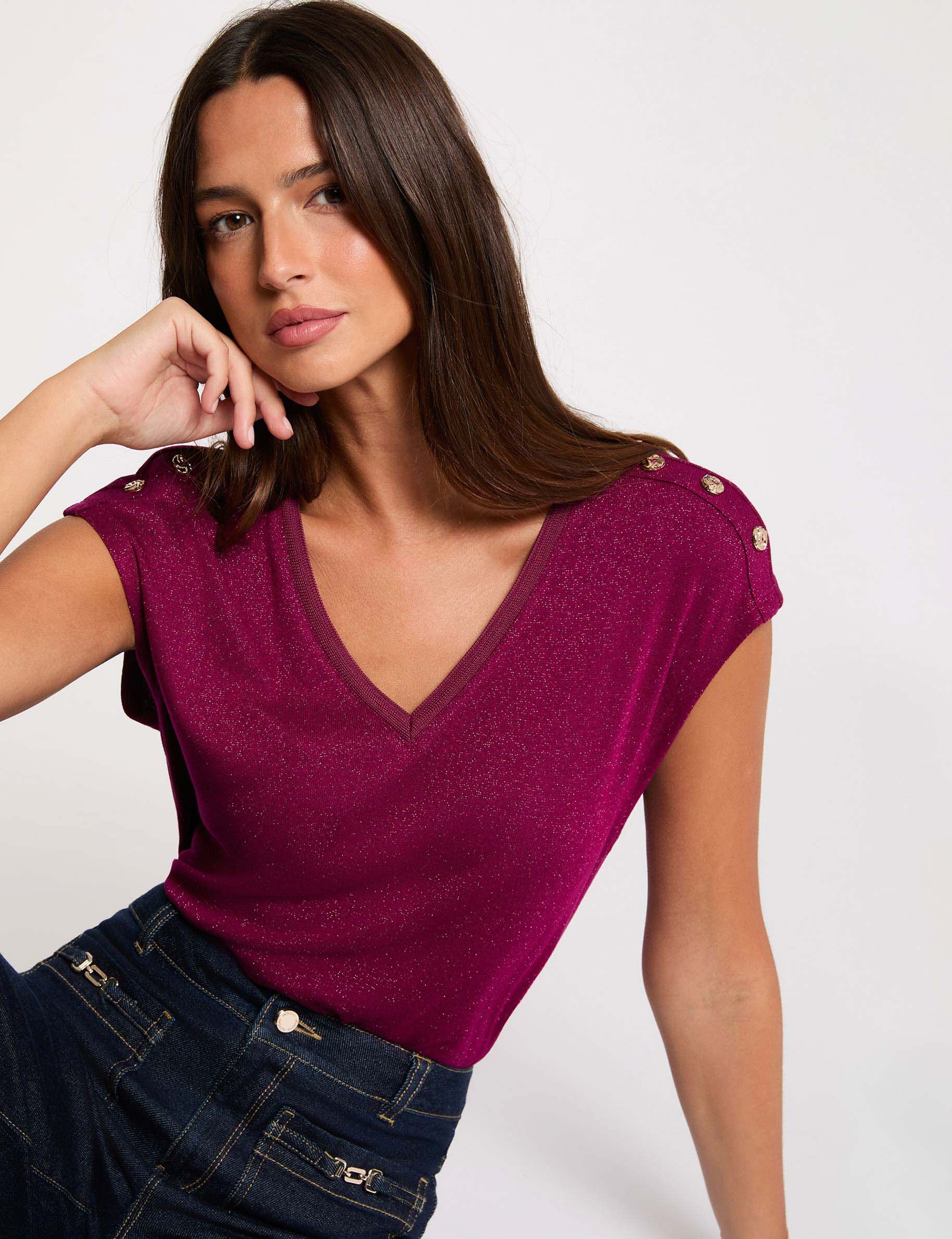 V-Neck T-Shirt With Buttons Plum Women