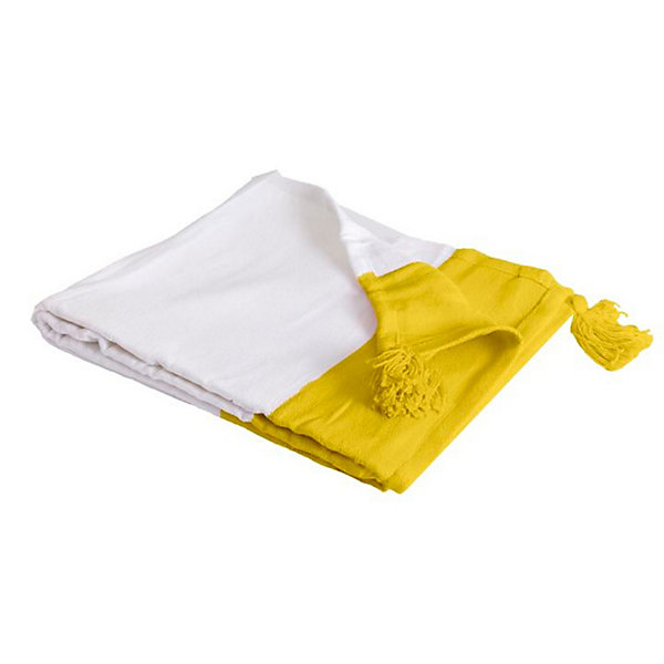 Couverture plaid 100% coton jaune avec pompons 130x170cm SLAVANN - SACASA