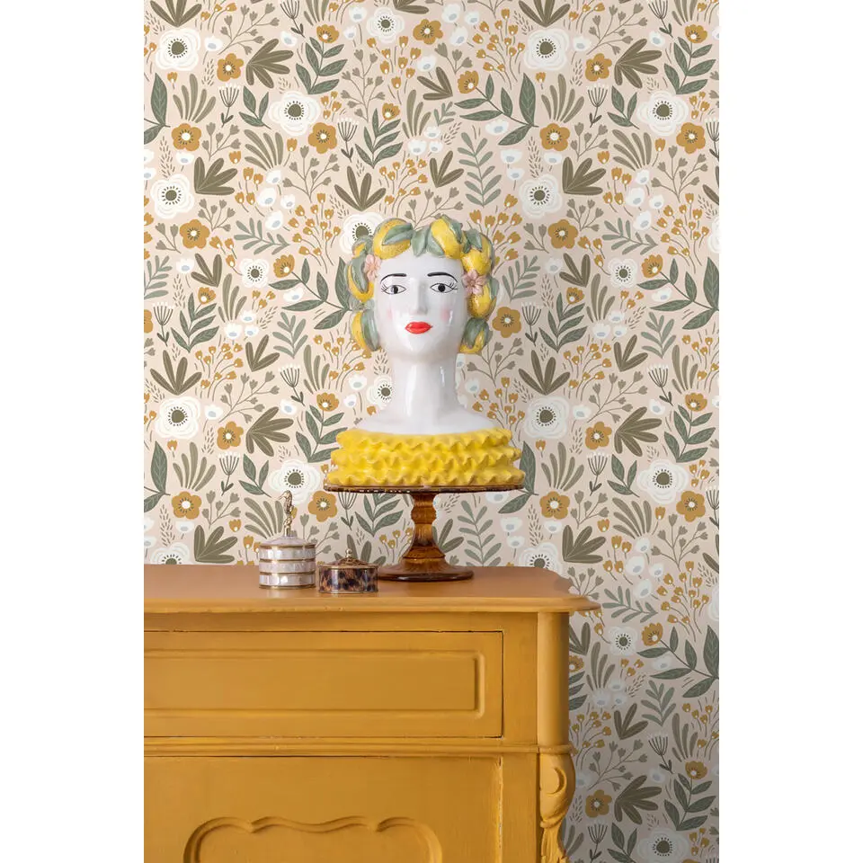 ESTAhome behang bloemetjes vergrijsd groen en bruin - 50 x 900 cm