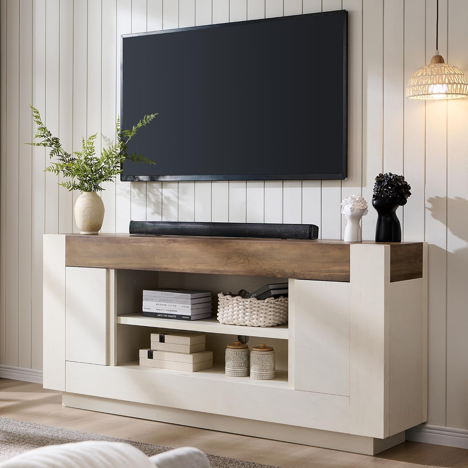 OKD Modern 70 TV Stand, Entertainment Center for TVs Up to 80, Media Console with Large Open Storage & Side Cabinets, Thick Wood Design for Living Room, Antique White