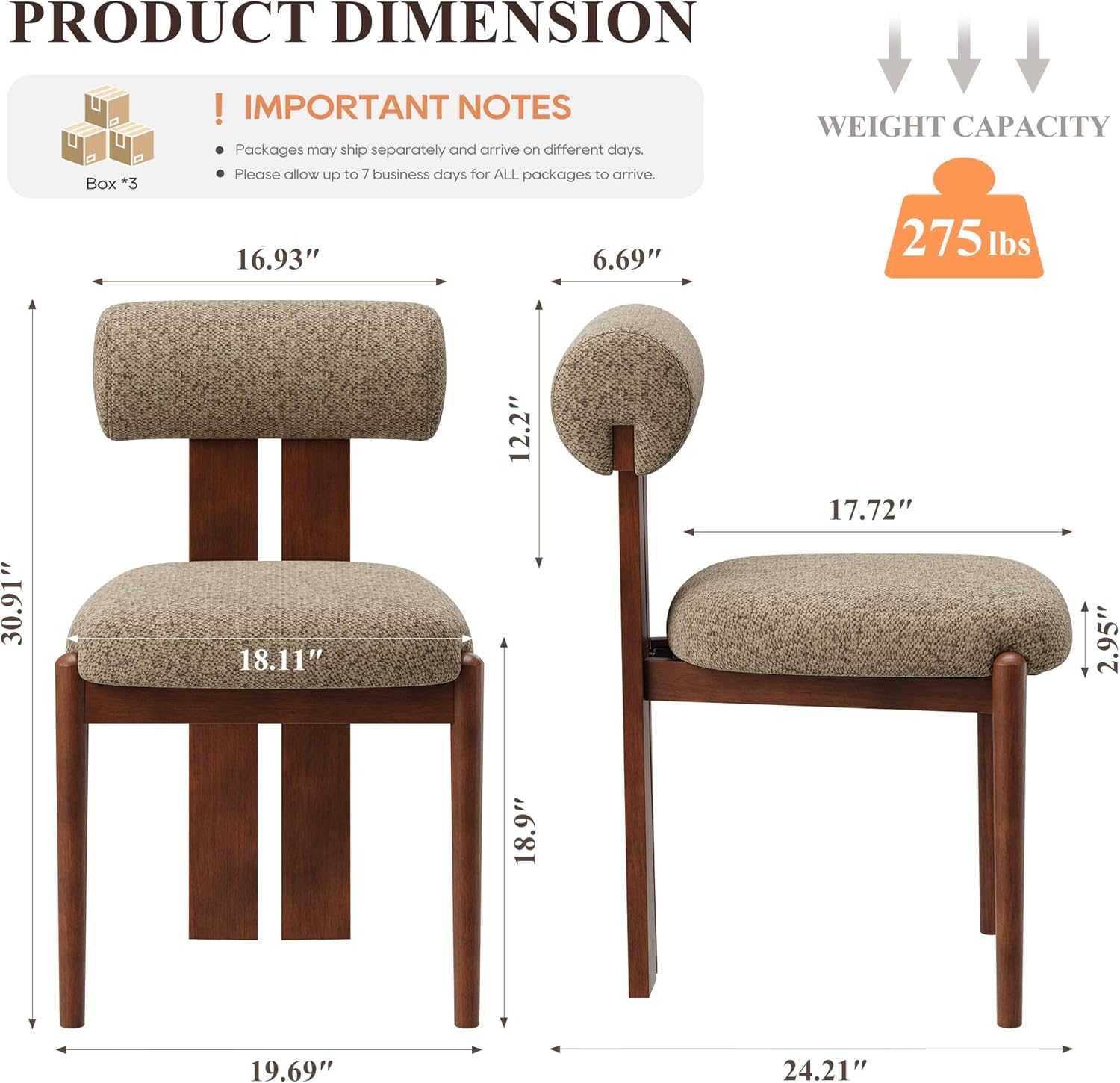 MALOL Modern Wooden Dining Chairs Set of 6, Upholstered Fabric Kitchen Chairs with Sculptural Backrest, Mid-Century Farmhouse Dining Room Chairs with Solid Wood Legs, Camel