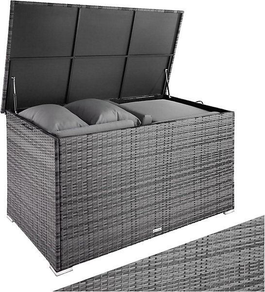 Coffre de jardin Exterieur, Coffre à Coussins 750 L en Aluminium Polyrotin 145 x 82,5 x 79,5 cm Gris