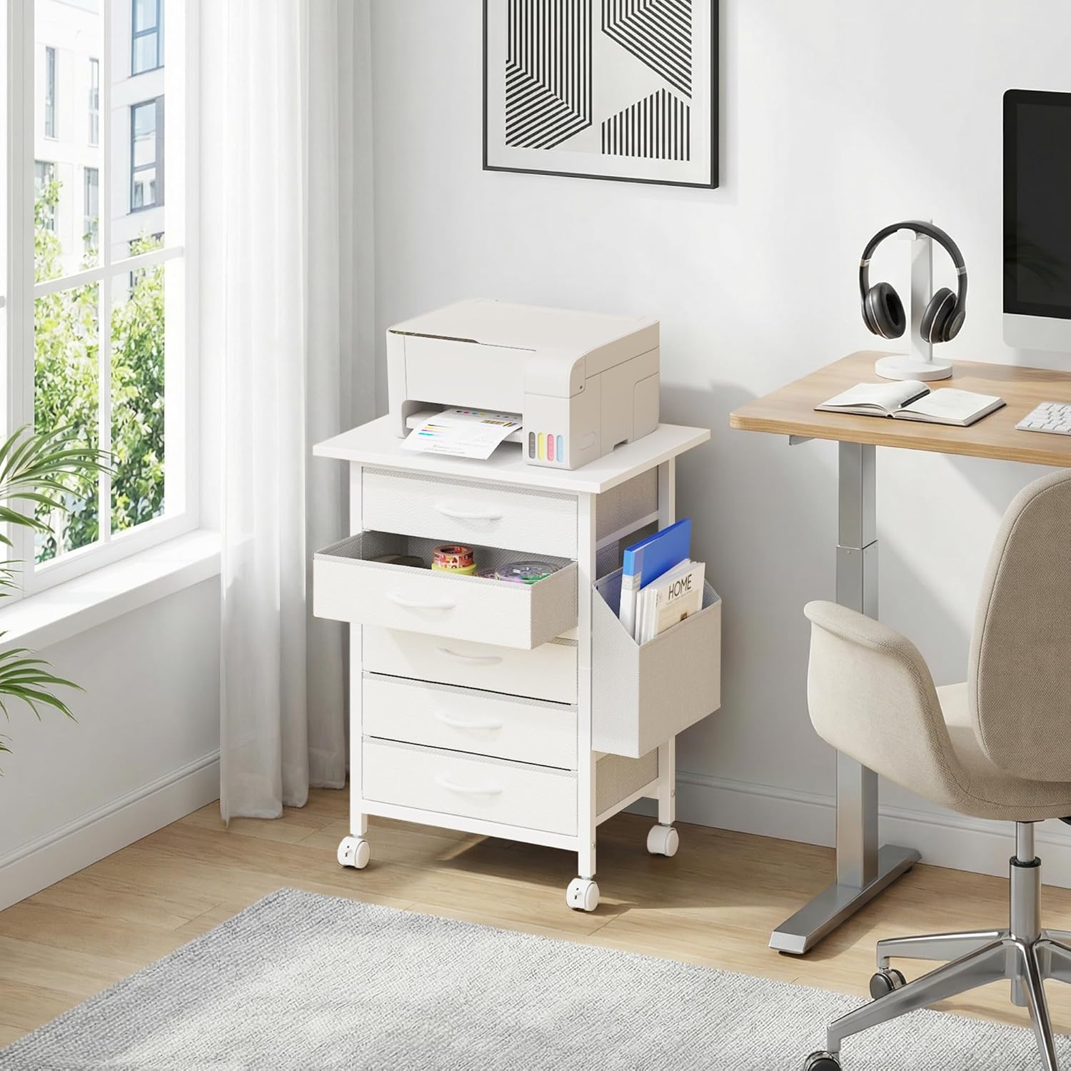HIGDBFE 5 Fabric Drawers File Cabinet with Side Pocket, Rolling Printer Stand with Storage for Home Office, Wood Top Storage Cabinet for Documents and Crafts, White, 15 D