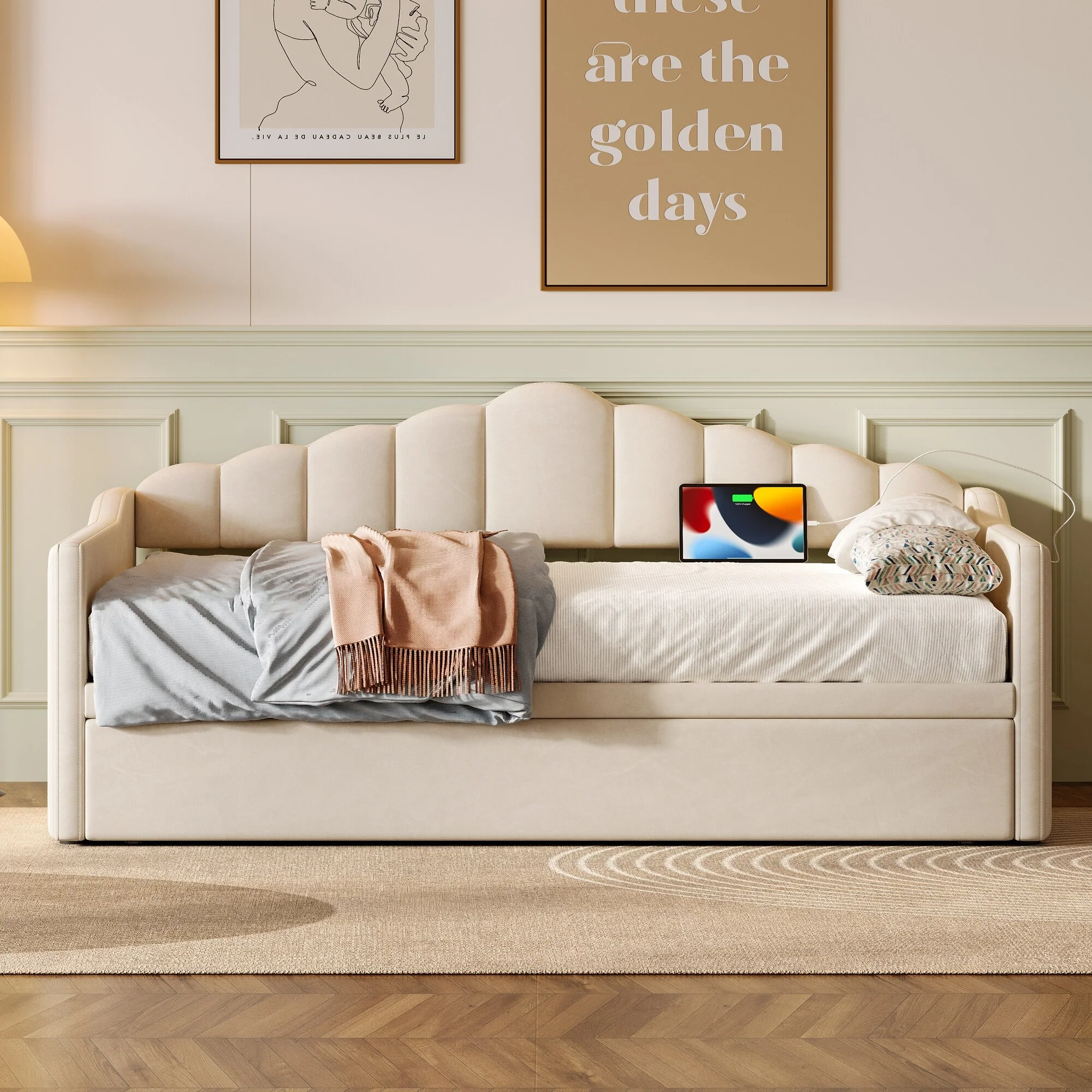 Upholstered Twin Size Daybed with Adjustable Height Pop Up Trundle Twin Bed and USB & Type-C Charging Port,with 2 Side Pockets