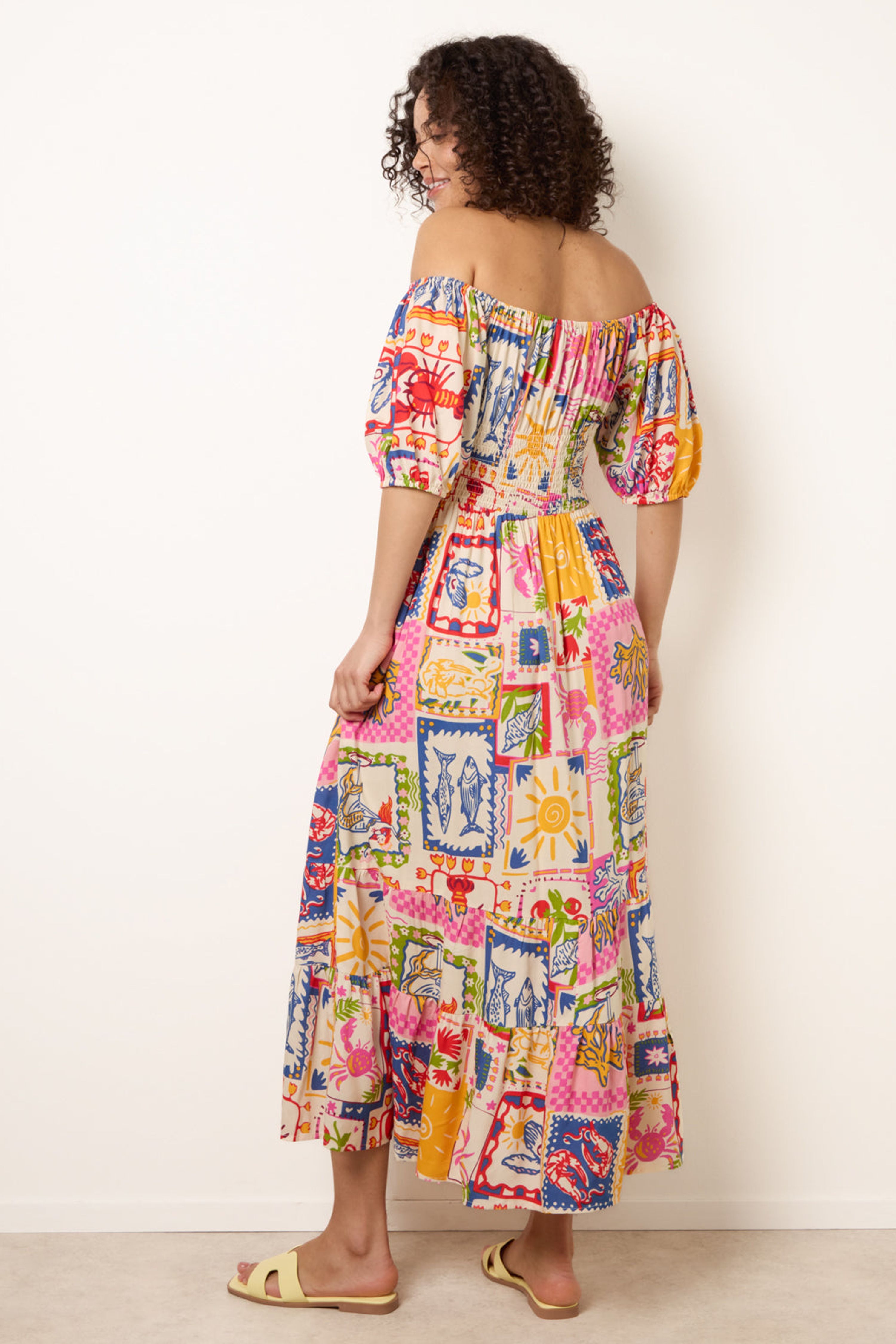 Blue Vanilla Multi Postcard Tie Front Bardot Shirred Midi Dress