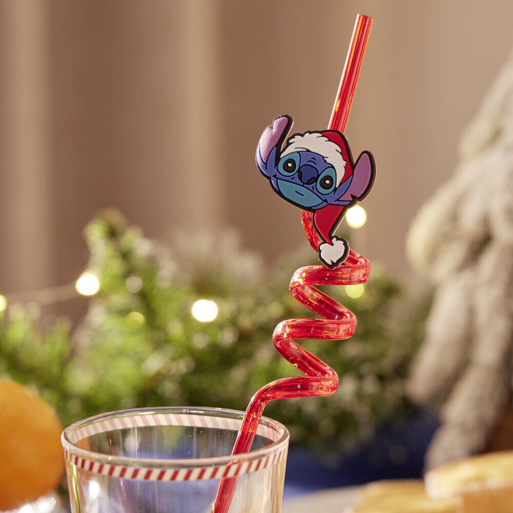 Paille enfant x4 Stitch Disney No&euml;l plastique réutilisable L27cm