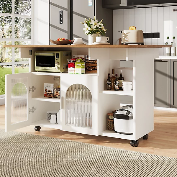 Îlot de cuisine moderne, 120x70x79,5 cm, avec plan de travail rabattable, placards de rangement, desserte et buffet, blanc
