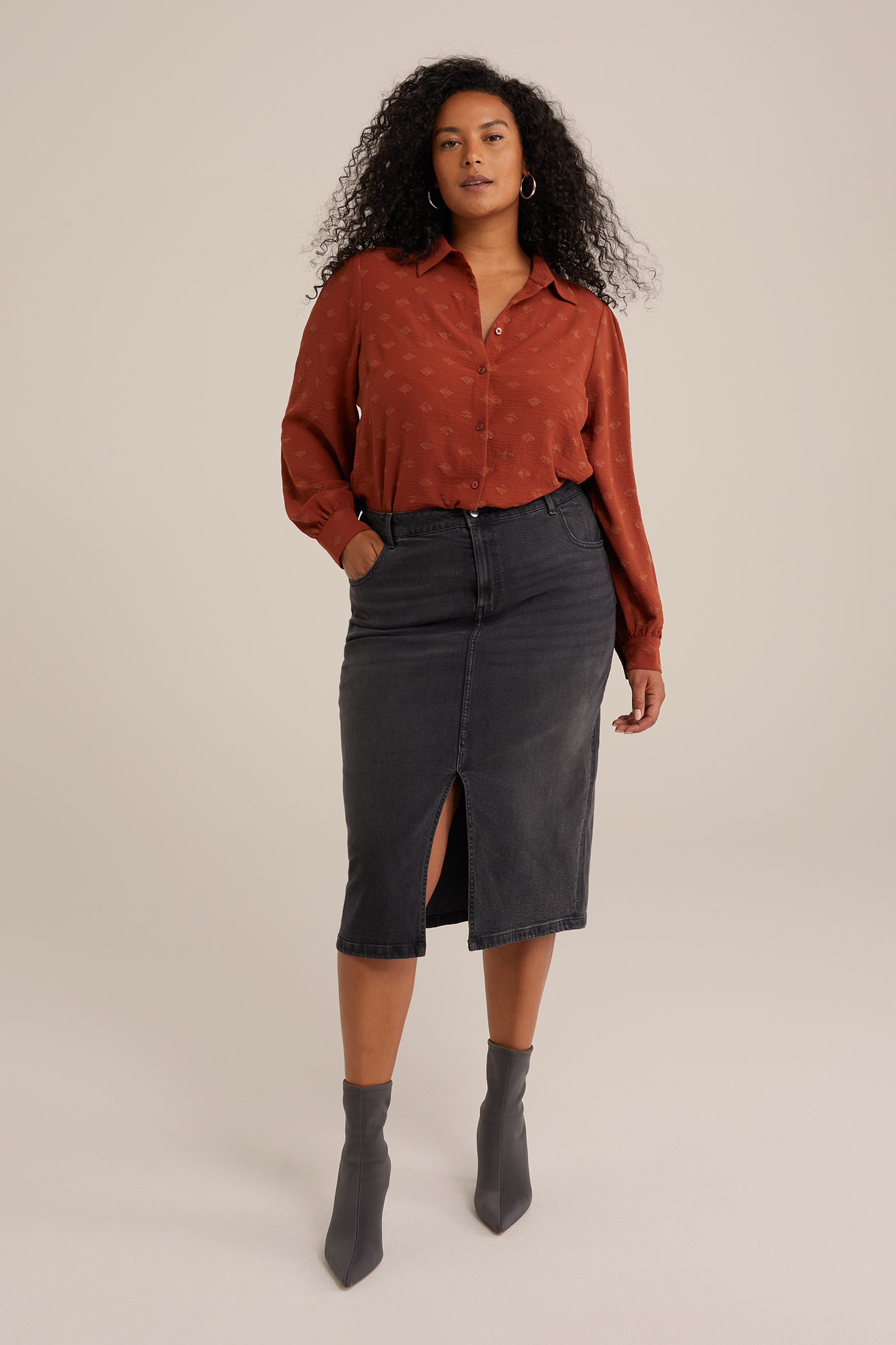 Dames High rise denim midi-rok - Curve