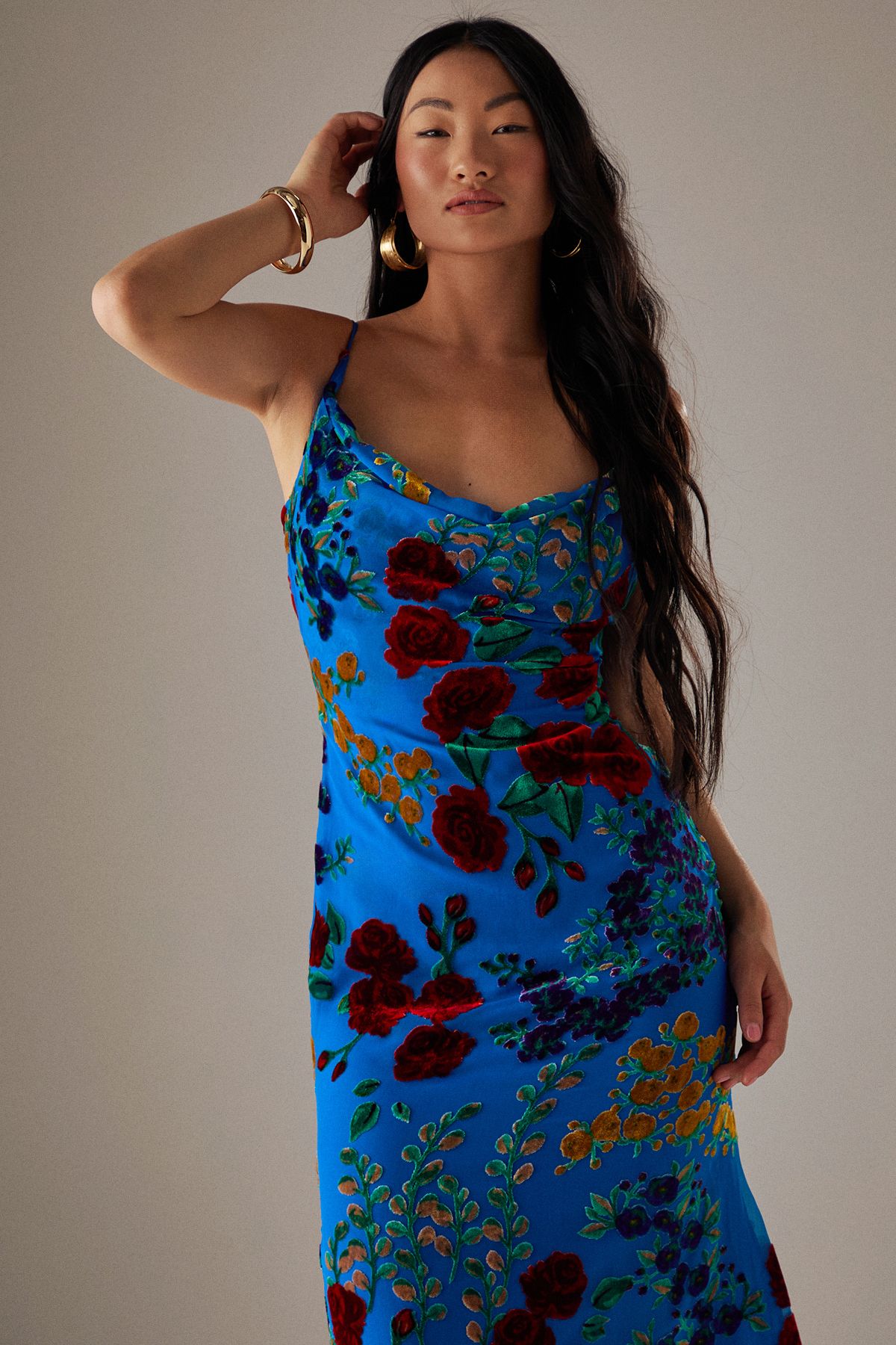 Warehouse Petite Premium Burnout Cowl Neck Strappy Festival Midi Slip Dress