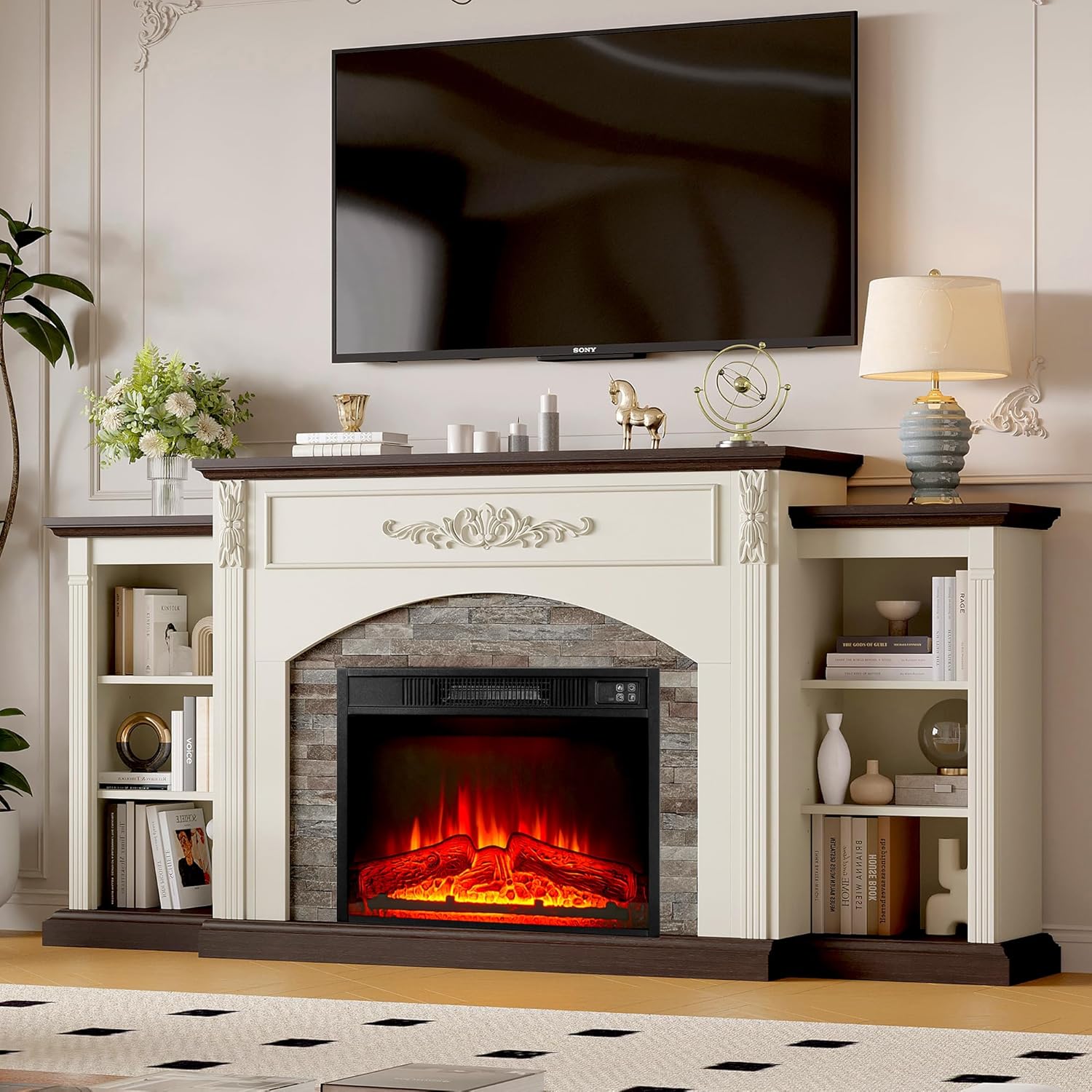 72 Electric Fireplace with Mantel, White TV Stand for TVs Up to 80 Inch, Farmhouse Entertainment Center with Storage for Bedroom,23'' Fireplace Insert Heater for Living Room