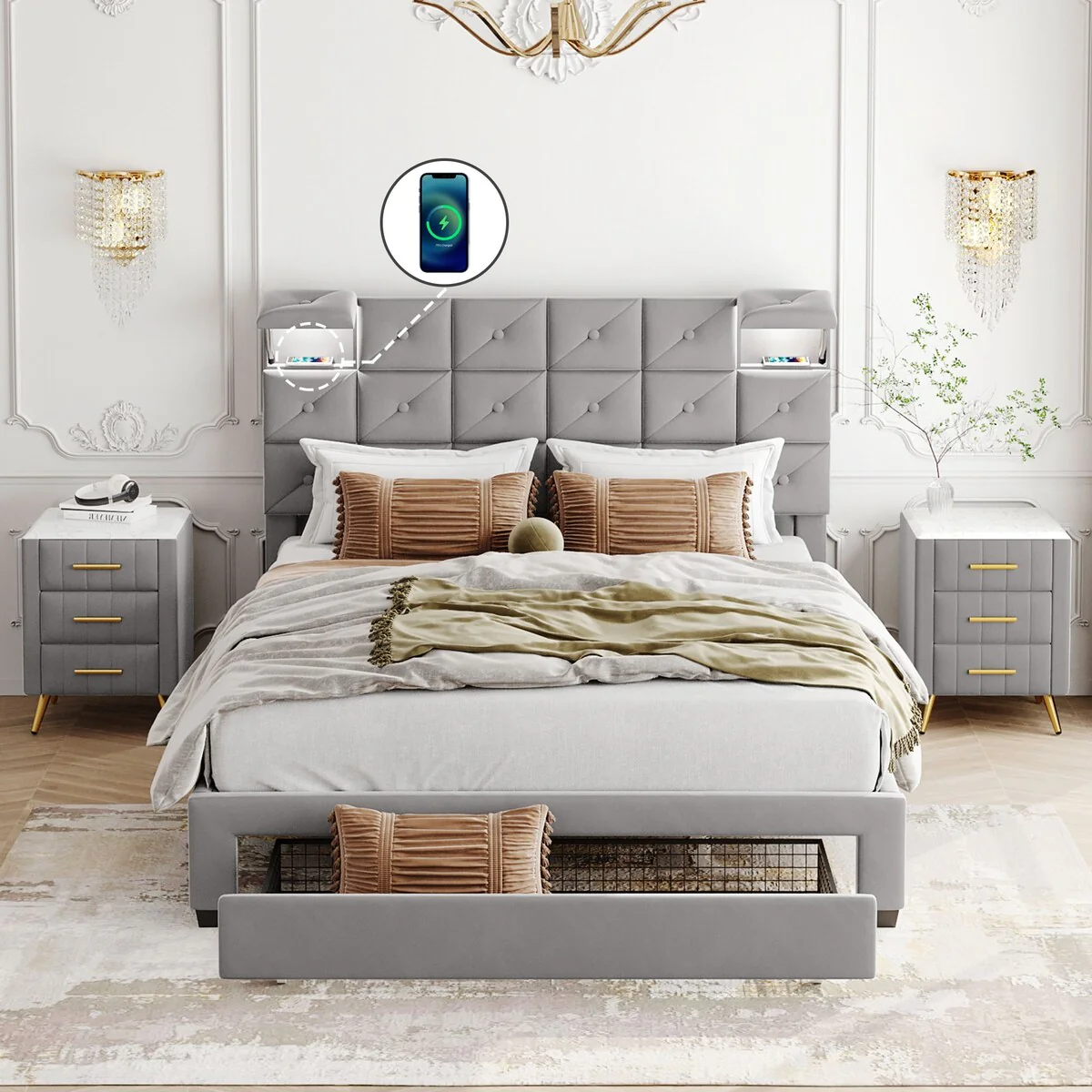 3-Pieces Bedroom Sets,Queen Size Upholstered Platform Bed with Two Wireless Chargers
