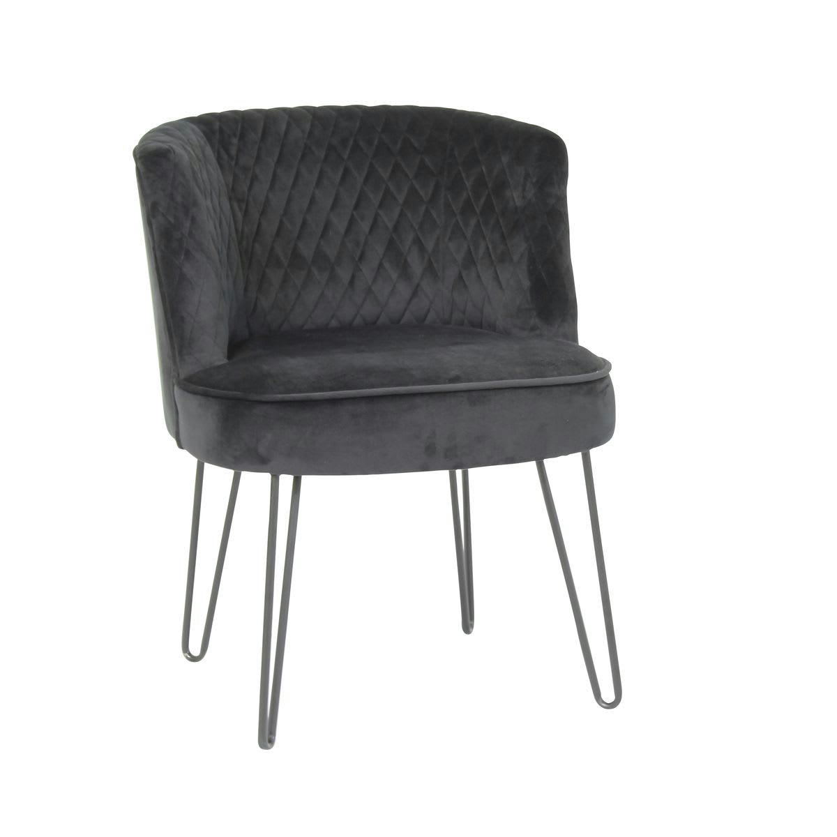 RAJA - Fauteuil en velours matelassé noir et pieds en métal noir