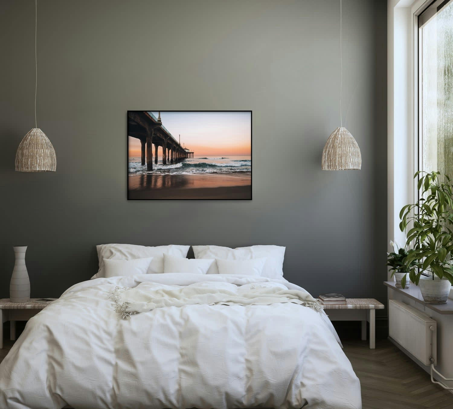 MAR - Affiche avec cadre noir - Jetée au coucher du soleil - 50x70