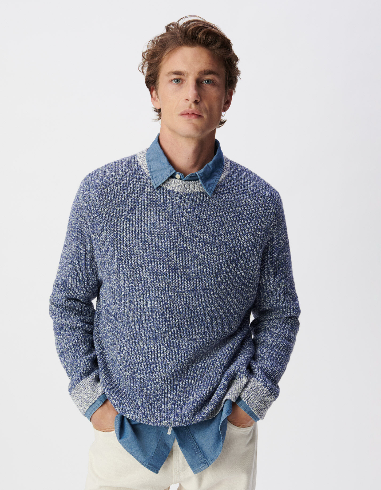 Pull bleu tricot mouliné Homme