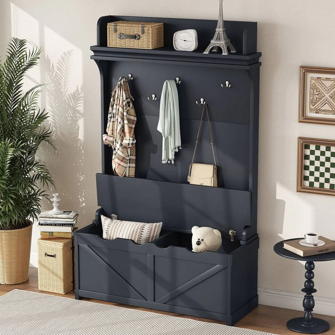74 3-In-1 Hall Tree Storage Bench and Coat Rack with 5 Hooks, and Anti-Topple Anchor for Entryway
