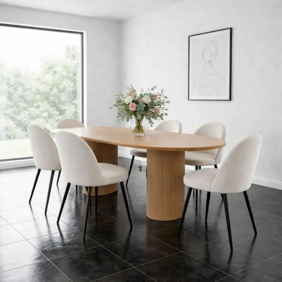 Hioshop Kyoto eethoek eettafel 100x210cm natuur- 6 stoelen ribfluweel beige