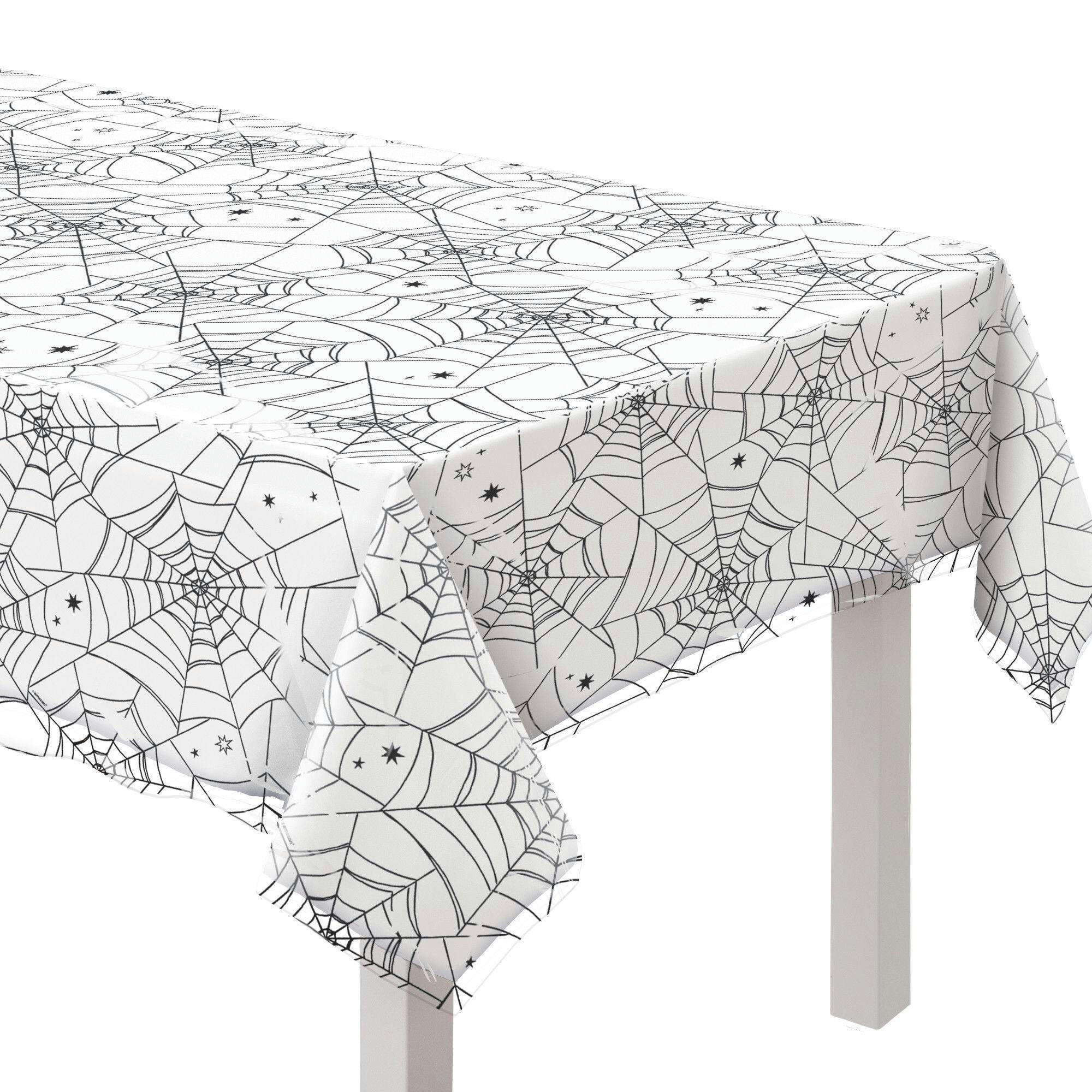 Rectangle Plastic Reusable Table Cover, White/Black, Spider Web, 54-in x 108-in, for Halloween