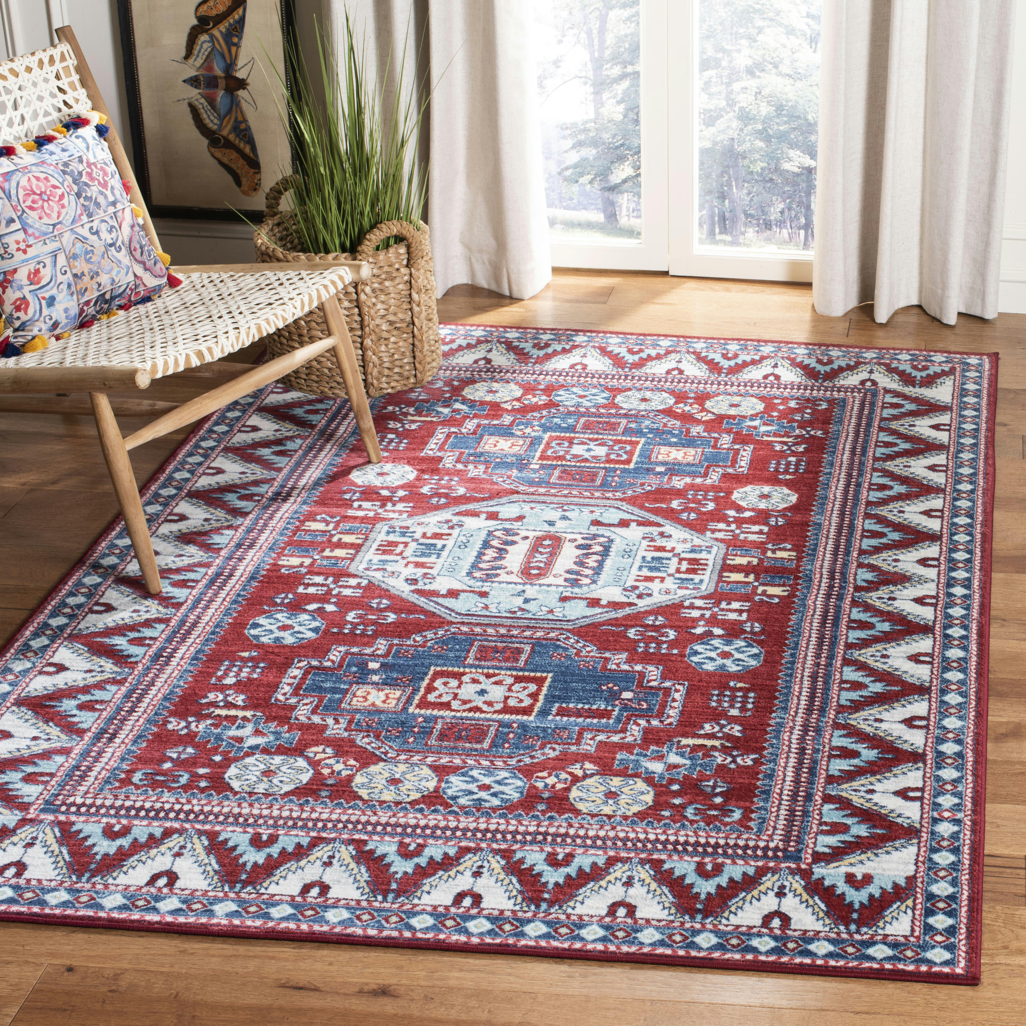 KAZAK - Tapis de salon interieur en rouge & bleu, 122 x 183 cm