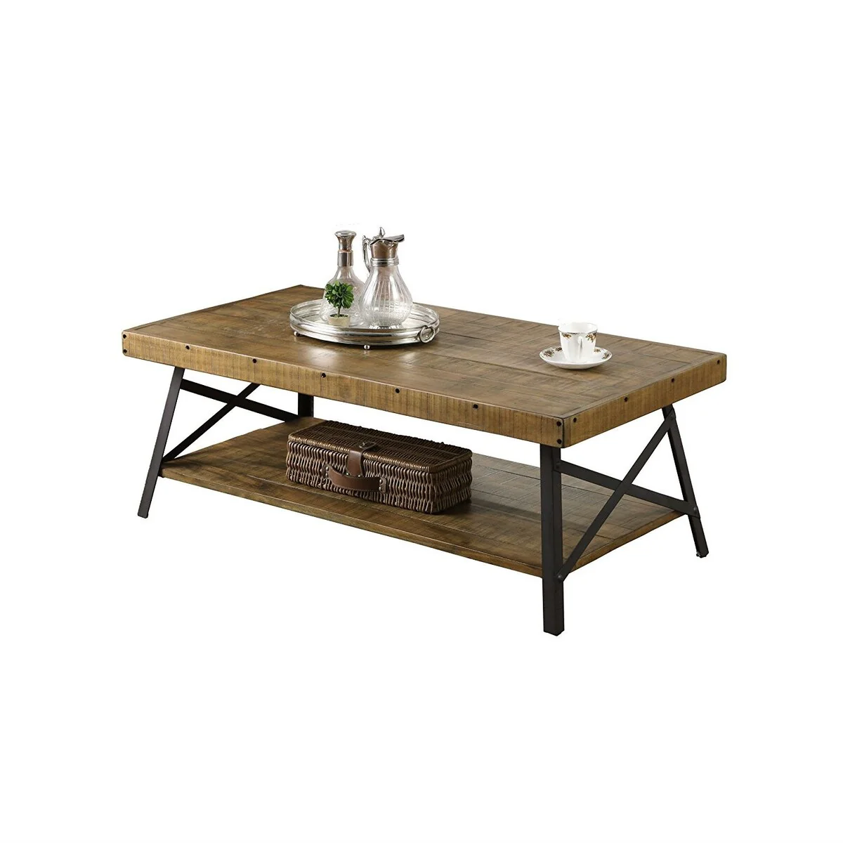 Modern Industrial Style Solid Wood Coffee Table with Steel Legs - 48 x 24 x 18 inches