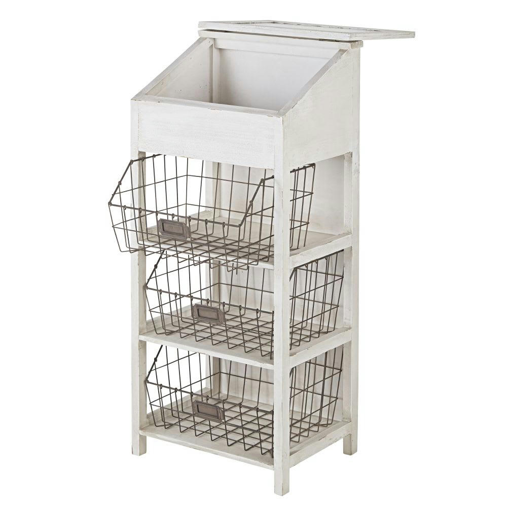 MANOU - Petit meuble de rangement en bois de sapin blanc et paniers en métal