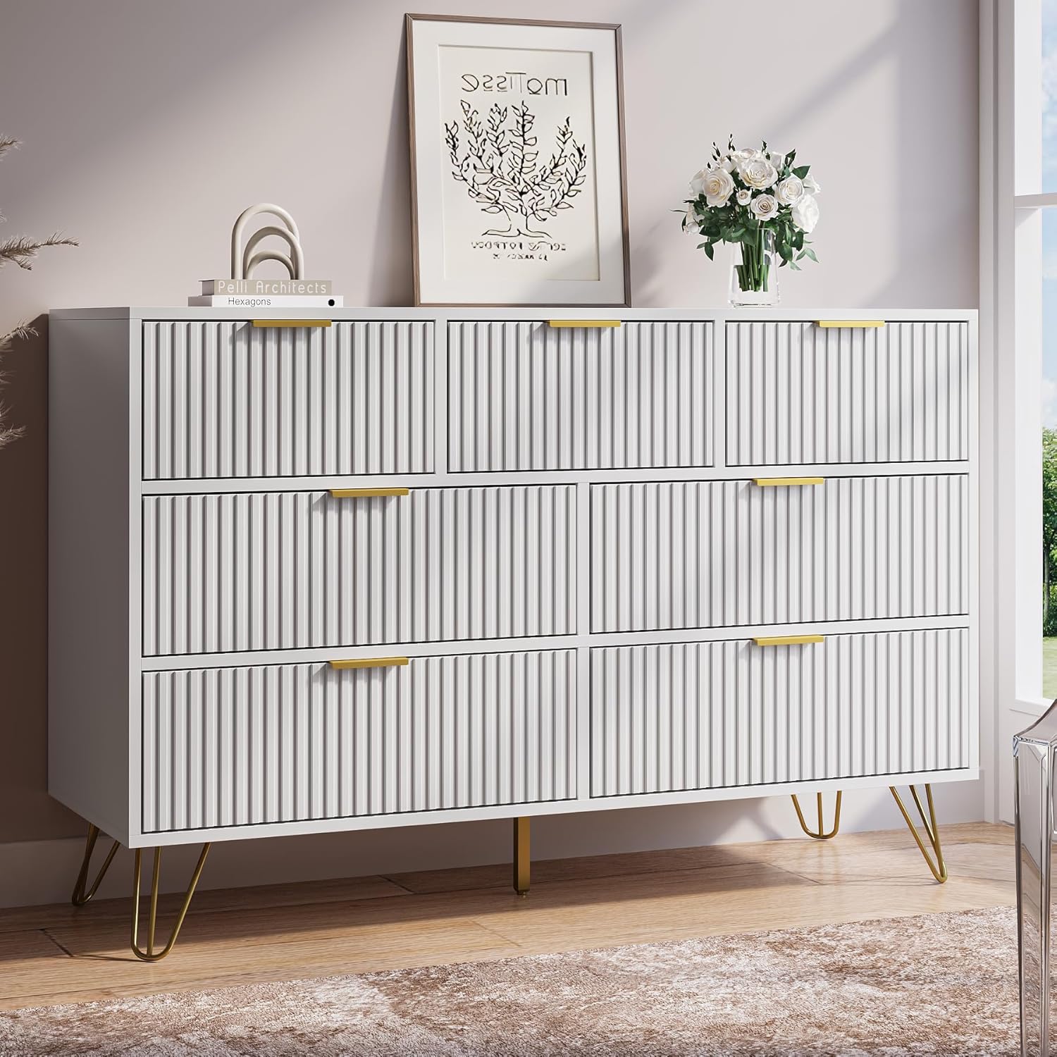 White Dresser for Bedroom, 7 Drawer Dresser with Gold Pulls, Wide Chest of Drawers for Bedroom, Entryway, 47.2 L x 15.7 D x 31.4 H