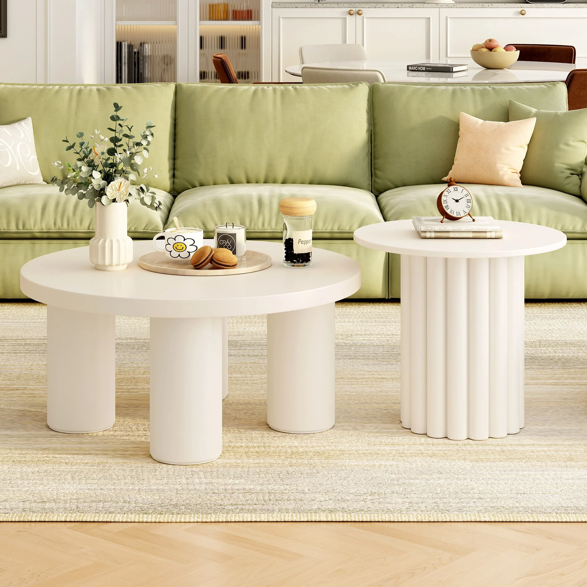Set of Two Round Coffee Tables with Cylindrical Leg Design and One End Table for Living Room Use - 14.6 H x 31.4 W x 31.4 D