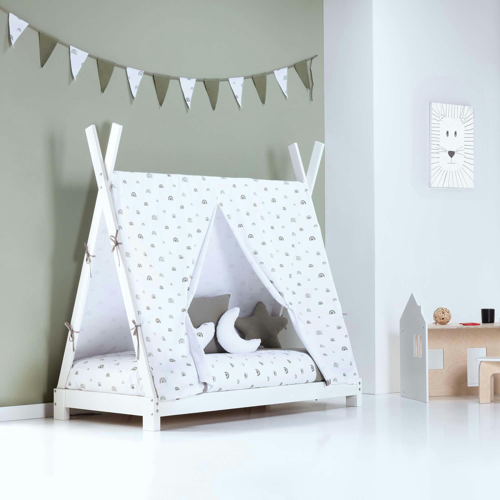 INDY - Lit Montessori pour bébé 70x140 cm avec textile en vert olive