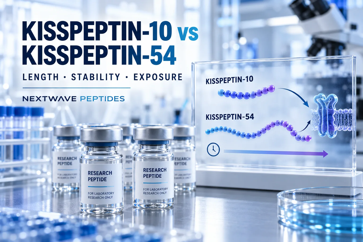 Kisspeptin research vials beside a laboratory diagram comparing short KP-10 and longer KP-54 chains, receptor activation, and exposure time.