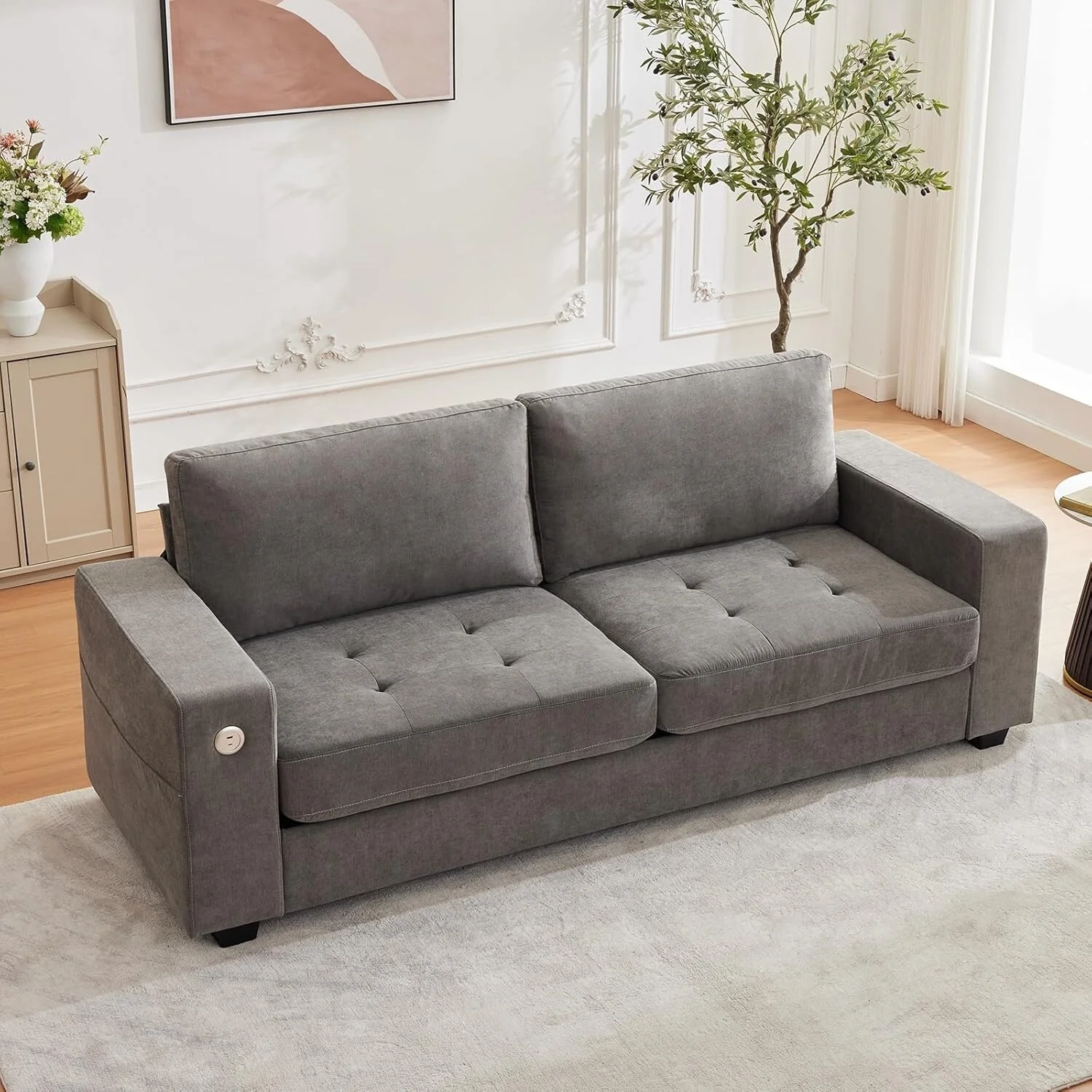 89 Versatile Contemporary Sectional Sofa In Chenille Fabric for Two with USB Charging Port and Side Storage Pocket,