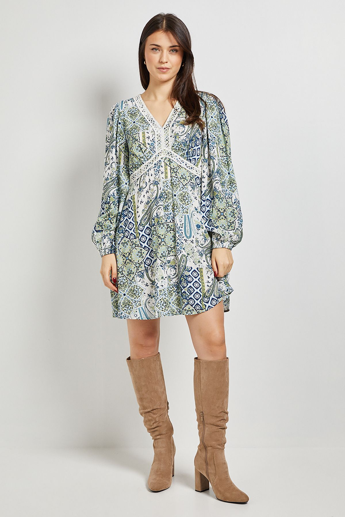 Dorothy Perkins Paisley Lace Trim Long Sleeve Printed Mini Dress