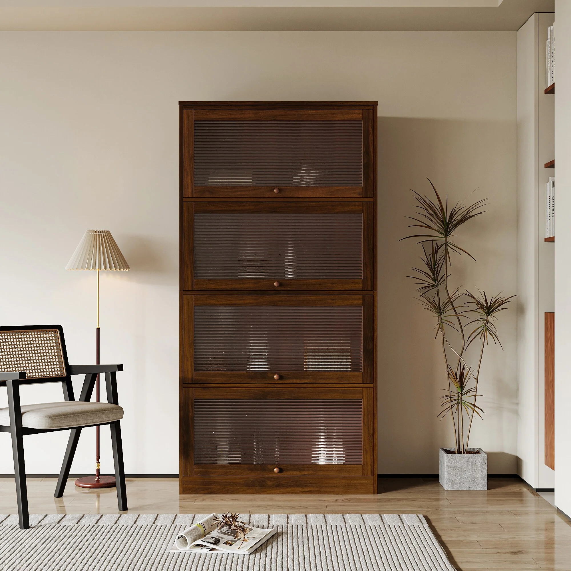 Modern 4-Tier Glass Door Bookcase, 61.8 Tall Wood Storage Cabinet with Flip-Up Doors, Living Room Standing Book Cabinet