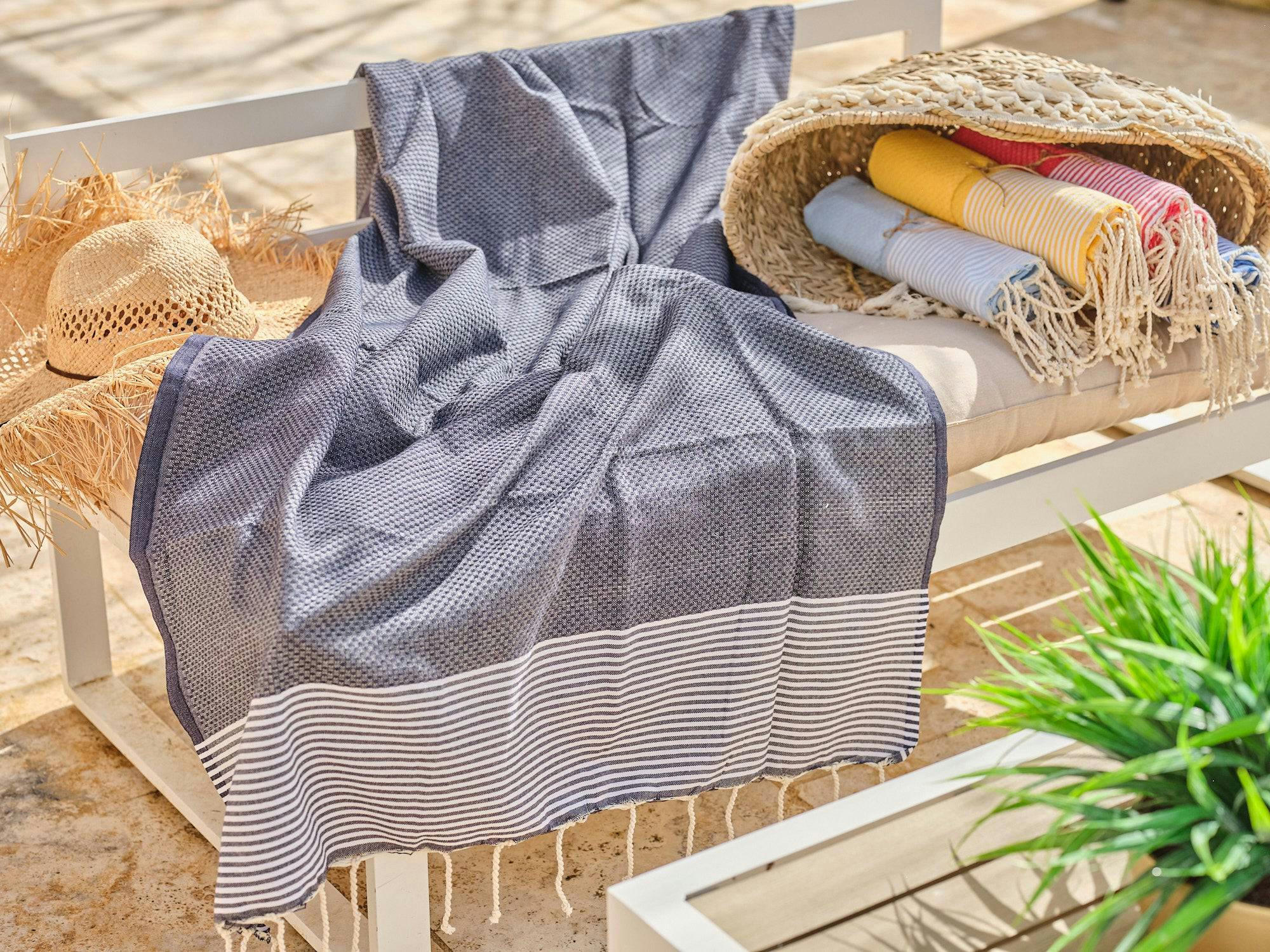 - Fouta en coton tissage nid d'abeille 100x200cm bleu ardoise