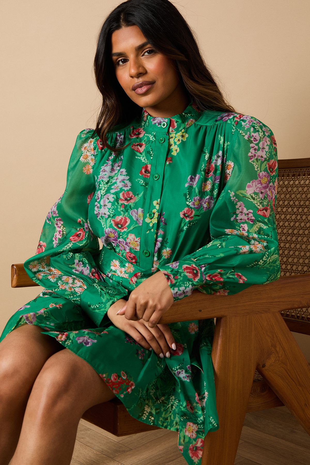 Oasis Petite Green Floral Organza Mini Shirt Dress